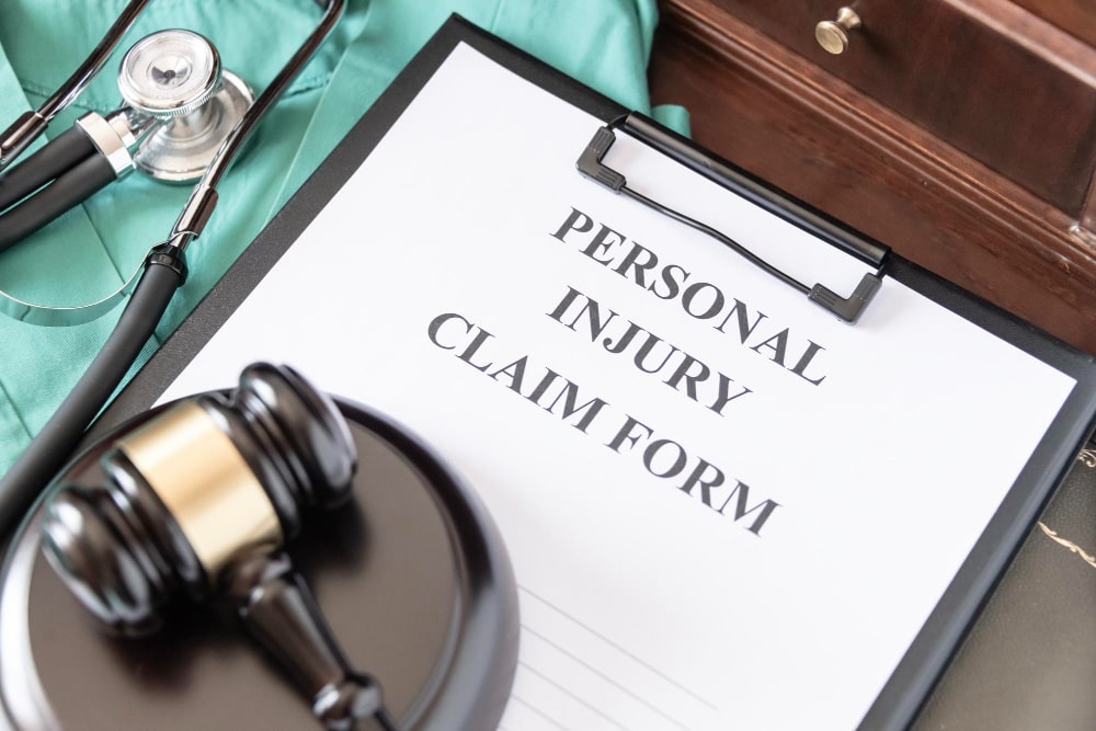 Personal injury claim form with gavel and stethoscope.