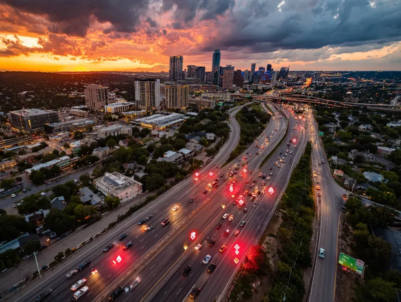 City highway at sunset with colorful sky.