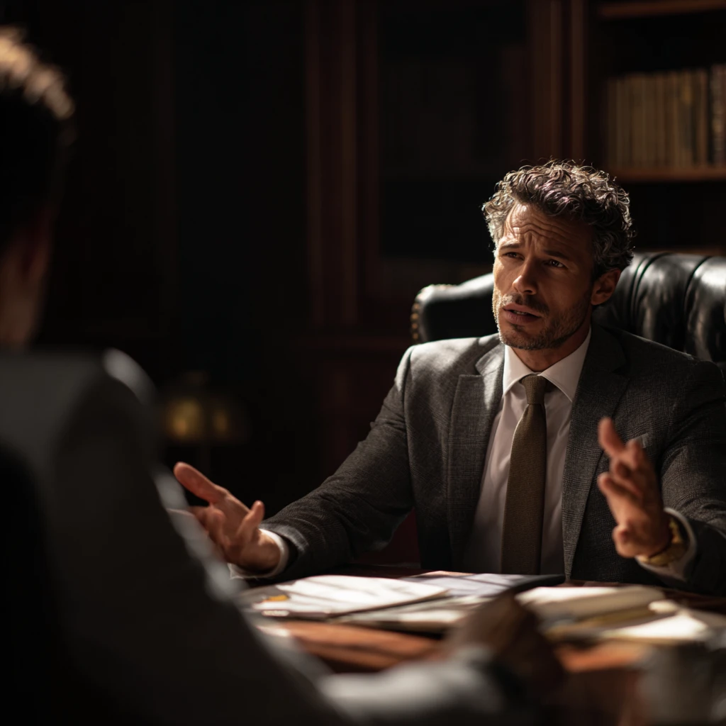 Businessman discussing documents in office meeting.