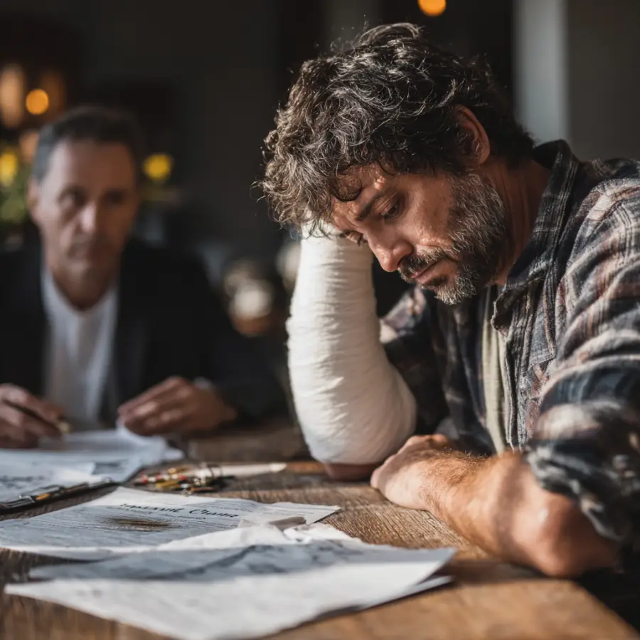 Injured man with cast reviewing documents.