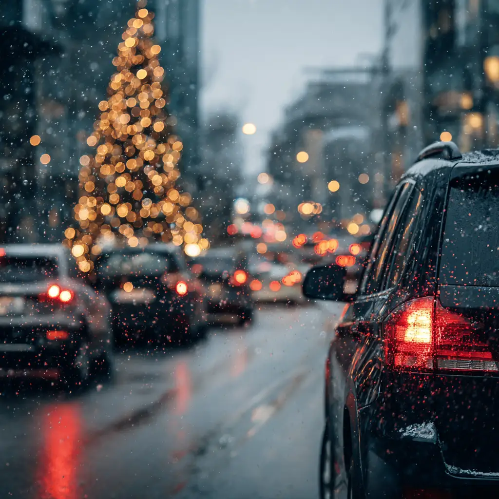 City street with snow and holiday lights