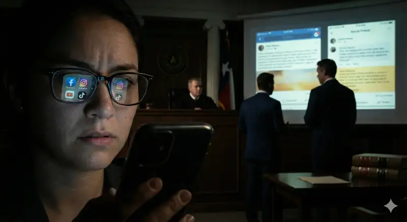 Person in courtroom with social media reflections.