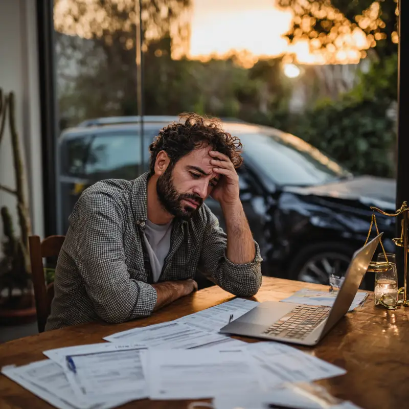 Stressed man with bills and laptop at sunset.