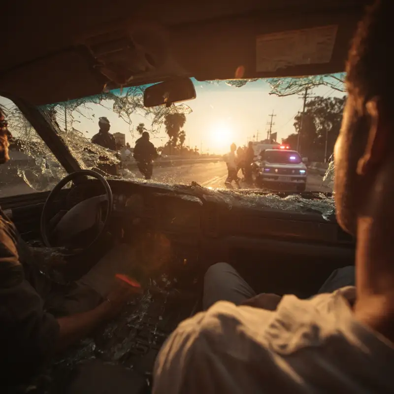 View through car windshield at police and sunset.