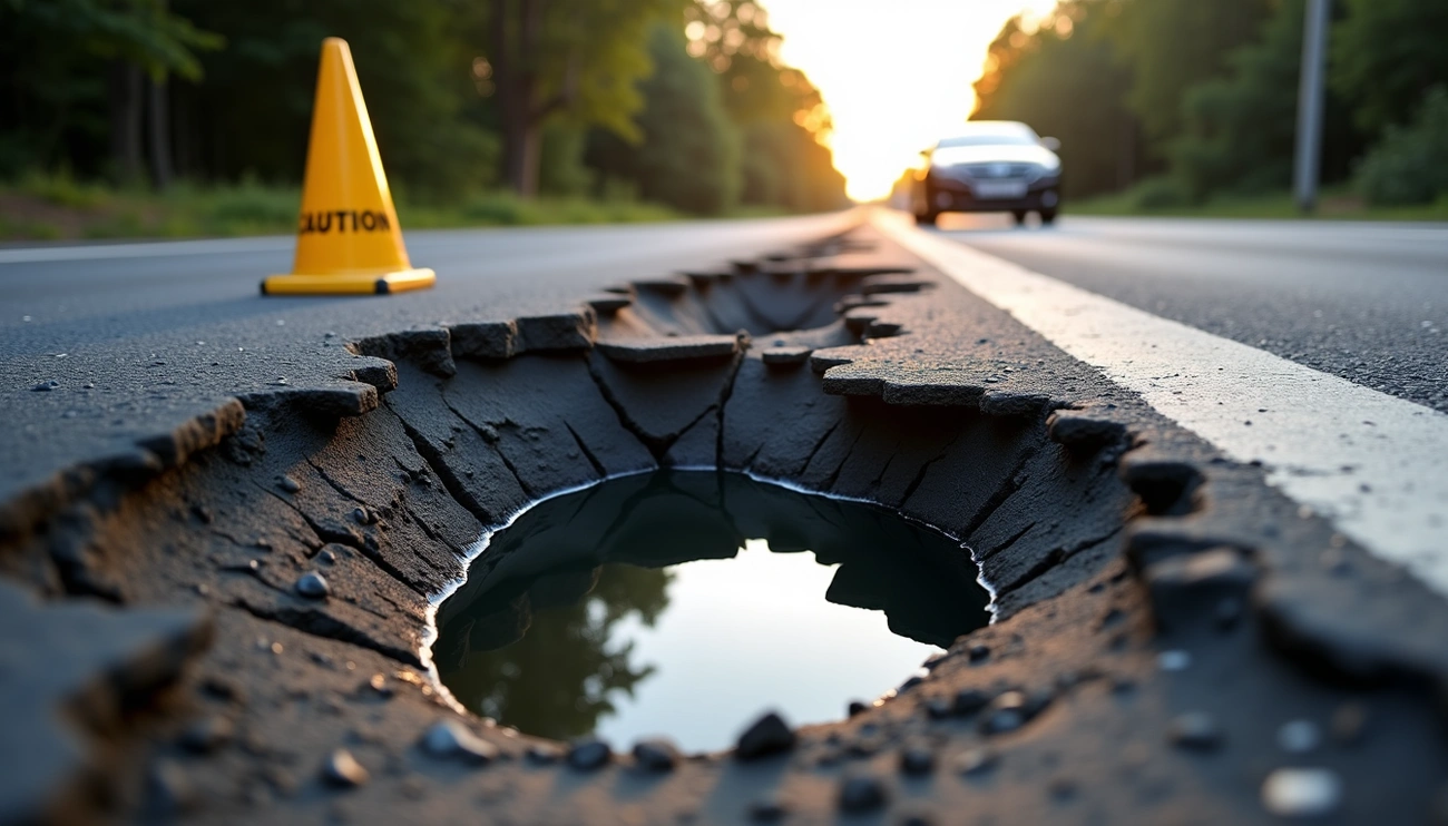 Large pothole on road with caution cone nearby.