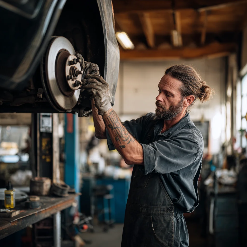 Mechanic working on car brake system