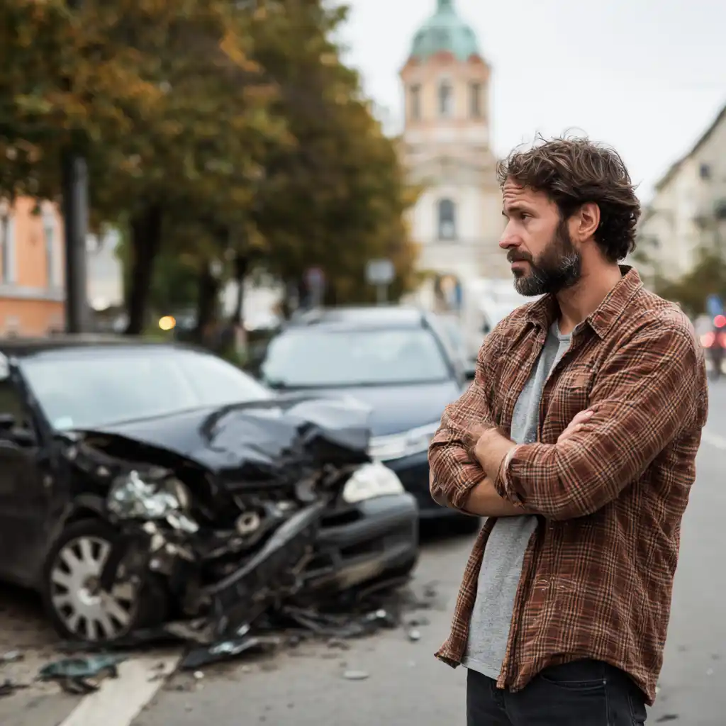 Man standing by damaged car after accident.