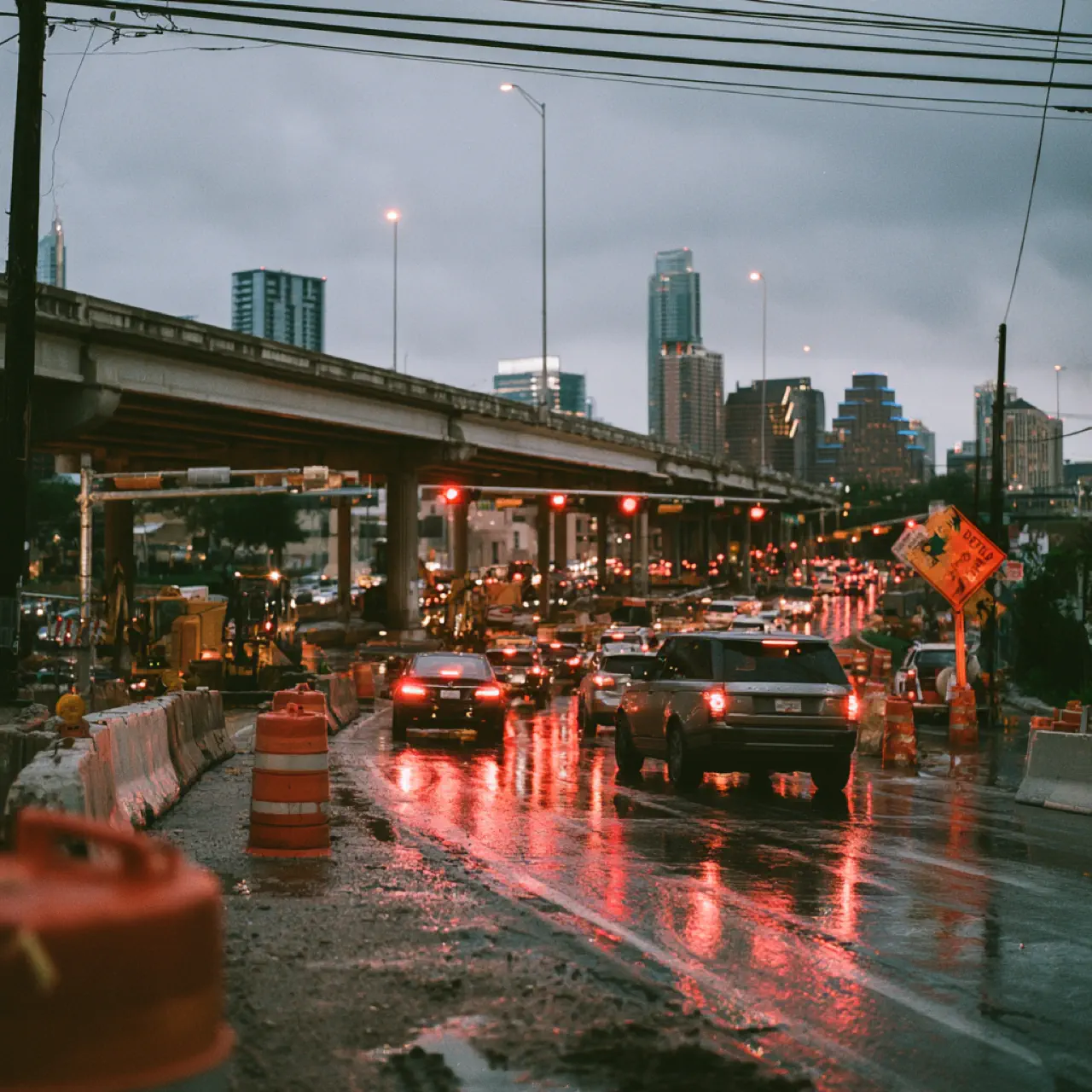 Rainy city traffic under elevated highway at dusk