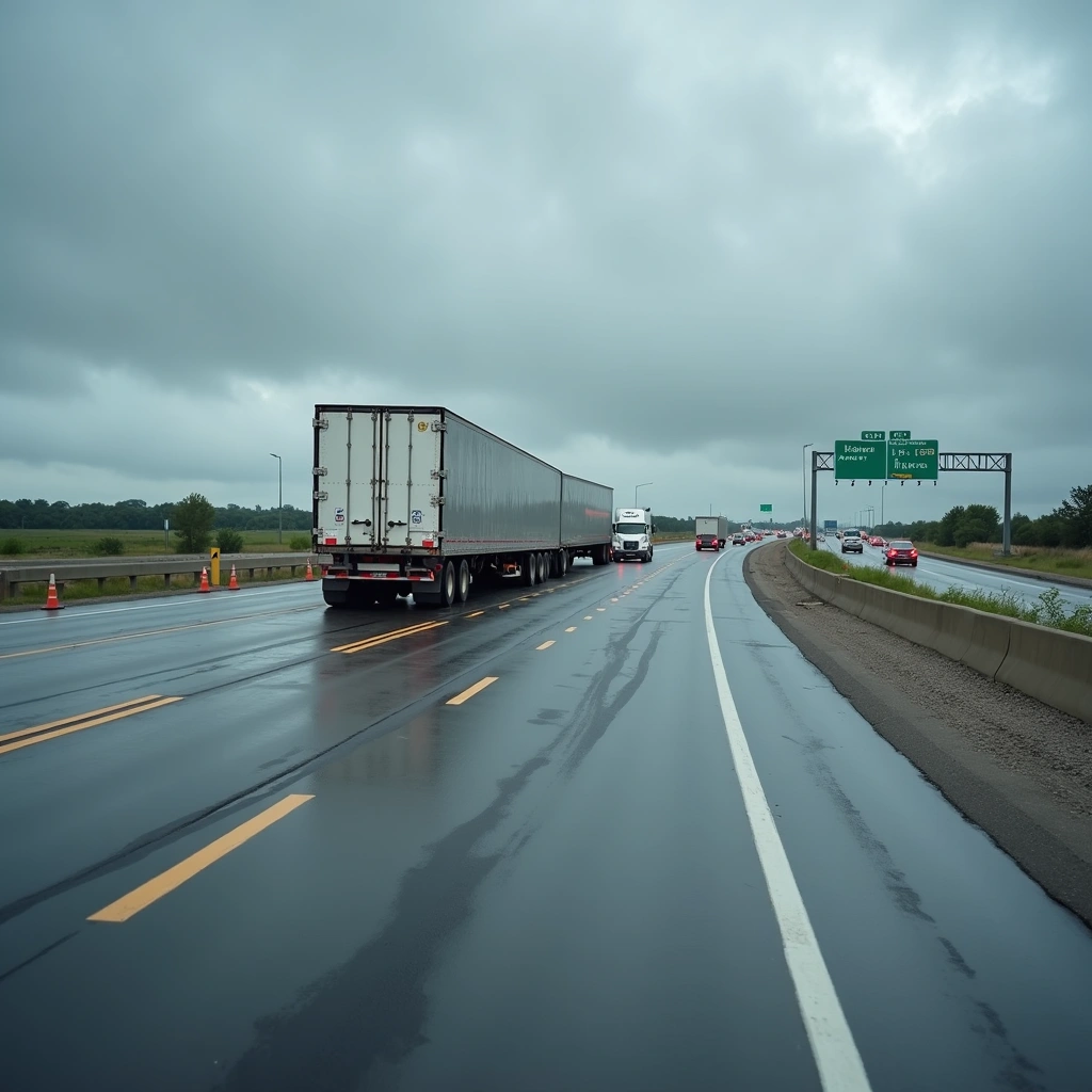 Semi-truck driving on wet highway under cloudy sky