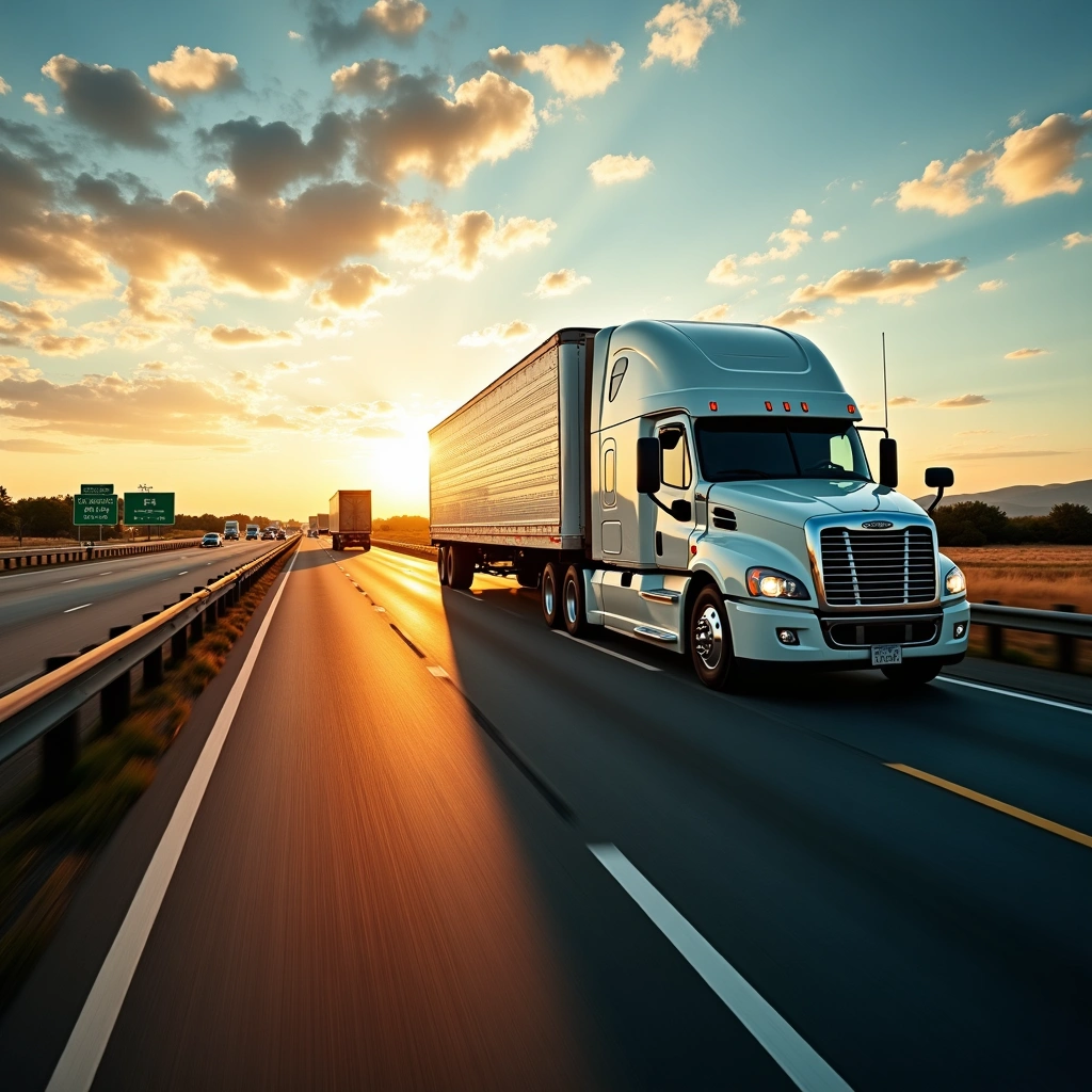 Semi-truck driving on highway at sunset